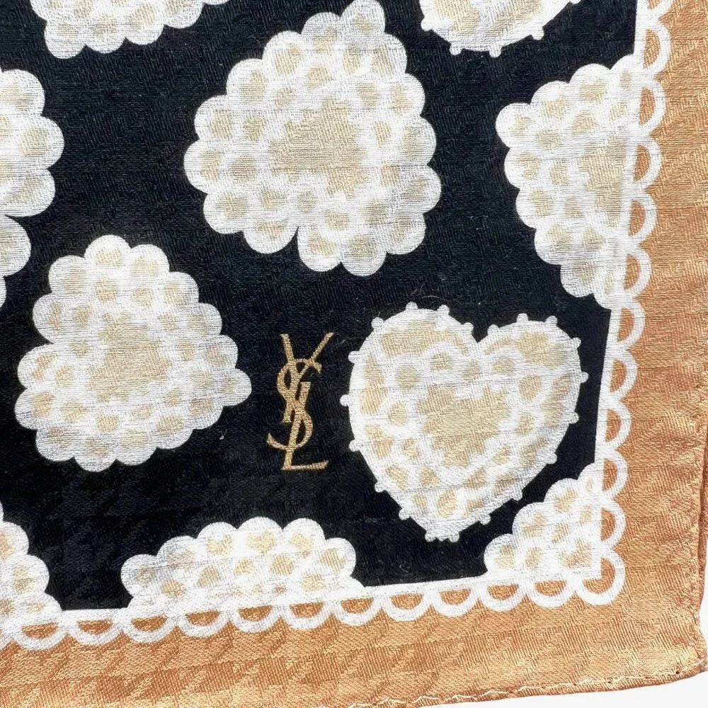 New Tag On  Yves Saint Laurent  Scarf Cotton & Silk 22.5" Beige Black Heart  (63 - Picture 7 of 10